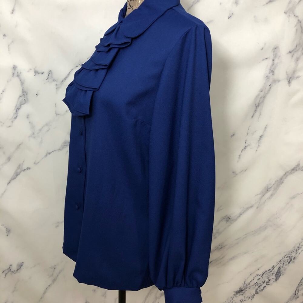 Vintage Dog Ear Collar Union Made Button Down Top Cascade Ruffle Midnight Blue - Picture 2 of 12